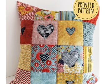 Printed and posted Hearts Patchwork and Applique Cushion Cover Sewing Pattern embroidery topstitch embelish