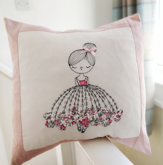 Handmade Cushion Cover Little Ballet Dancer liberty of London dress fabric linen background freehand embroidery french knots girl pink