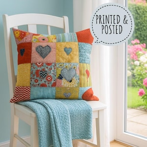 Naaipatroon harten patchwork kussen – geappliqueerde kussenhoes met borduursel, gedrukte instructies voor beginners
