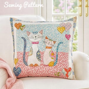 PDF Kitty Cats cushion cover patchwork and applique sewing pattern