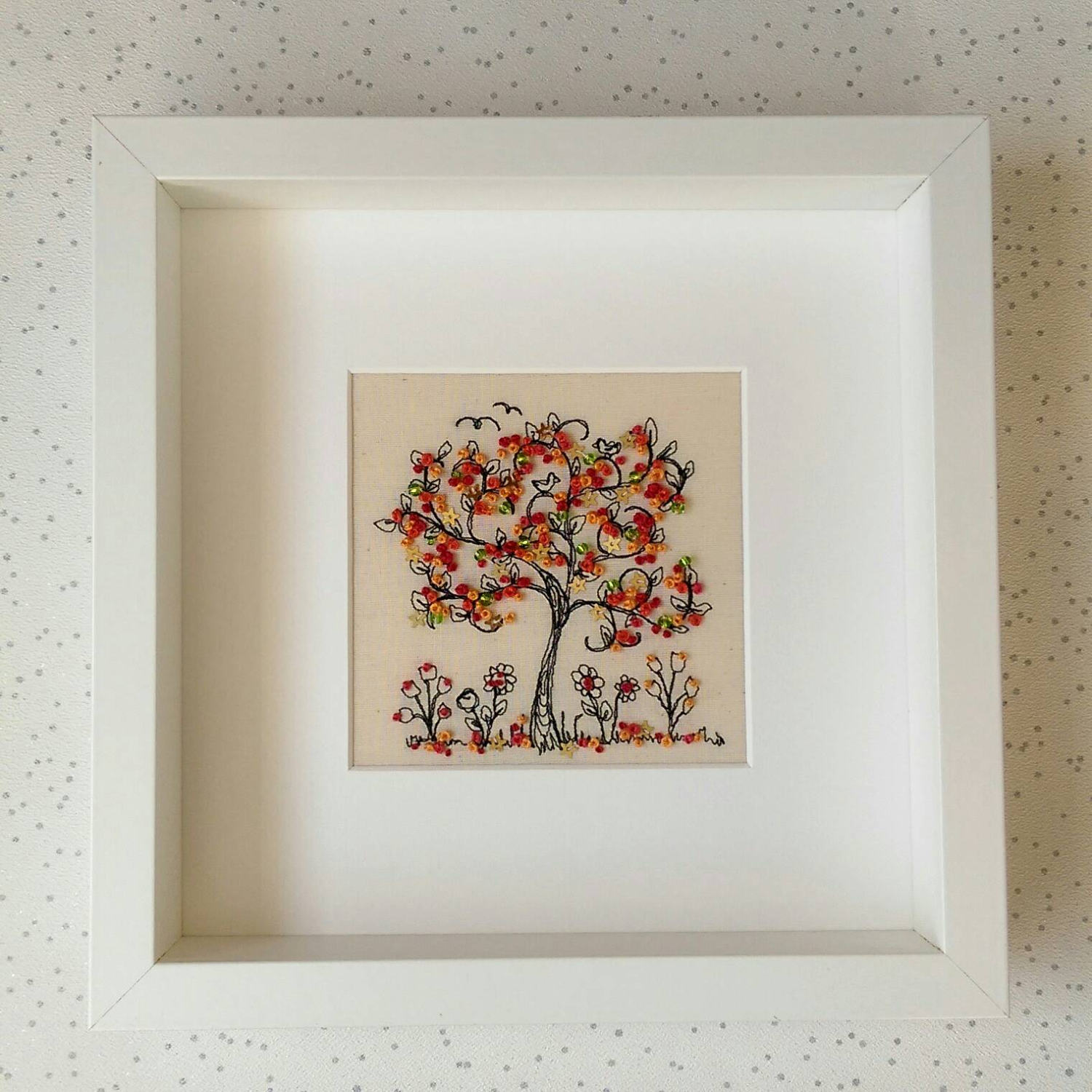 Apple Tree framed freehand embroidery picture. French knot and Etsy