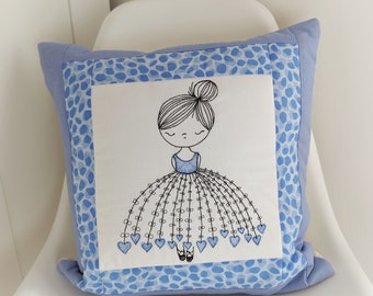 Ballerina cushion cover handmade by Helen freemotion applique quilting ballet blue