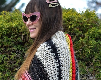 Craft Core Handknit Wrap with Big Button, Handknit Shawl Wrap, Multicolor Knit Wrap, Handknit Poncho Wrap, Gift for Mom