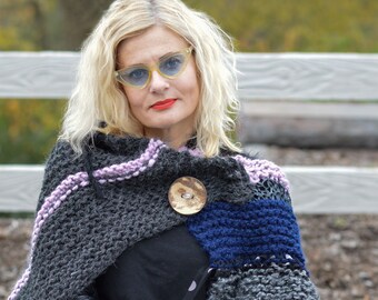 Hand Knit Wrap with Big Button, Hand Knitted Shawl Wrap, Handknit Poncho Wrap with Button, Craft Core wrap