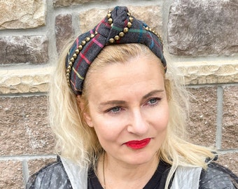 Fashion Headband, Knot Headband with Punk Trim, Plaid Headband, Wide Multi Color Fabric Headband, Turban Knot Headband, Plaid Knot Headband