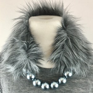 Pearl Grey Faux Fur Collar-Necklace, Silver Grey Fur Pearl Collar, Fake Fur Pearl Collar, Valentine's Day Gift image 1