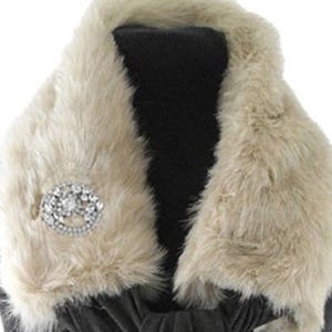 Faux Fur Jersey Scarf, Vegan Fur wrap, Faux Fur Stole, Jersey Scarf with Faux Fur Trim, Vintage Brooch Fur Scarf