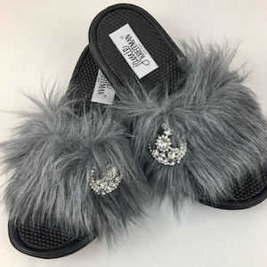 Slide Sandal with Brooch, Faux Fur Slide Sandal, Work-from-home Slide Sandal, Vegan Slide Sandal, Bridal Party Gift image 1