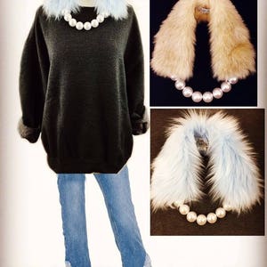 Faux Fur Pearl Collar Necklace, Vegan Fur Pearl Scarf, Fake Fur Pearl Accessory, Glamour Scarf, Valentines Day Gift image 3