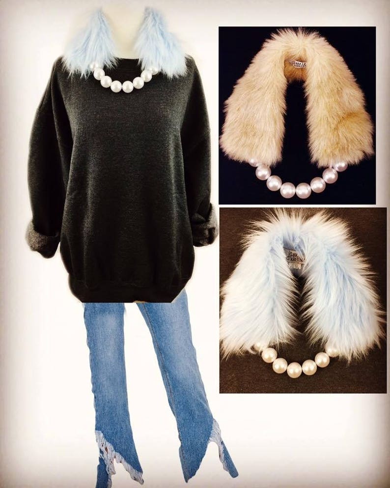 Pearl Faux Fur Scarf-Necklace, Vegan Fur Pearl Collar, Fake Fur Pearl Collar-Necklace-Scarf Accessory, Valentine's Day Gift image 2