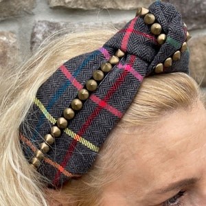 Fashion Headband, Knot Headband with Punk Trim, Plaid Headband, Wide Multi Color Fabric Headband, Turban Knot Headband, Plaid Knot Headband image 3