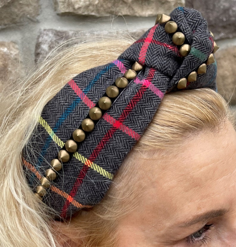 Fashion Headband, Knot Headband with Punk Trim, Plaid Headband, Wide Multi Color Fabric Headband, Turban Knot Headband, Plaid Knot Headband image 3