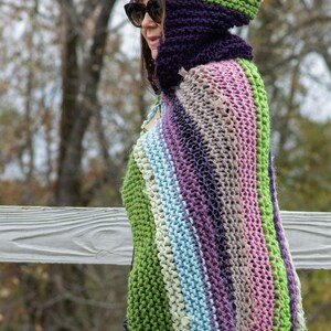 Hand Knit Wrap Shawl with Hood, Hand Knit Hood Poncho, Multi-Color Stripe Knit Shawl with Hood, Hand Knit Hood Wrap Mother's Day Gift image 10