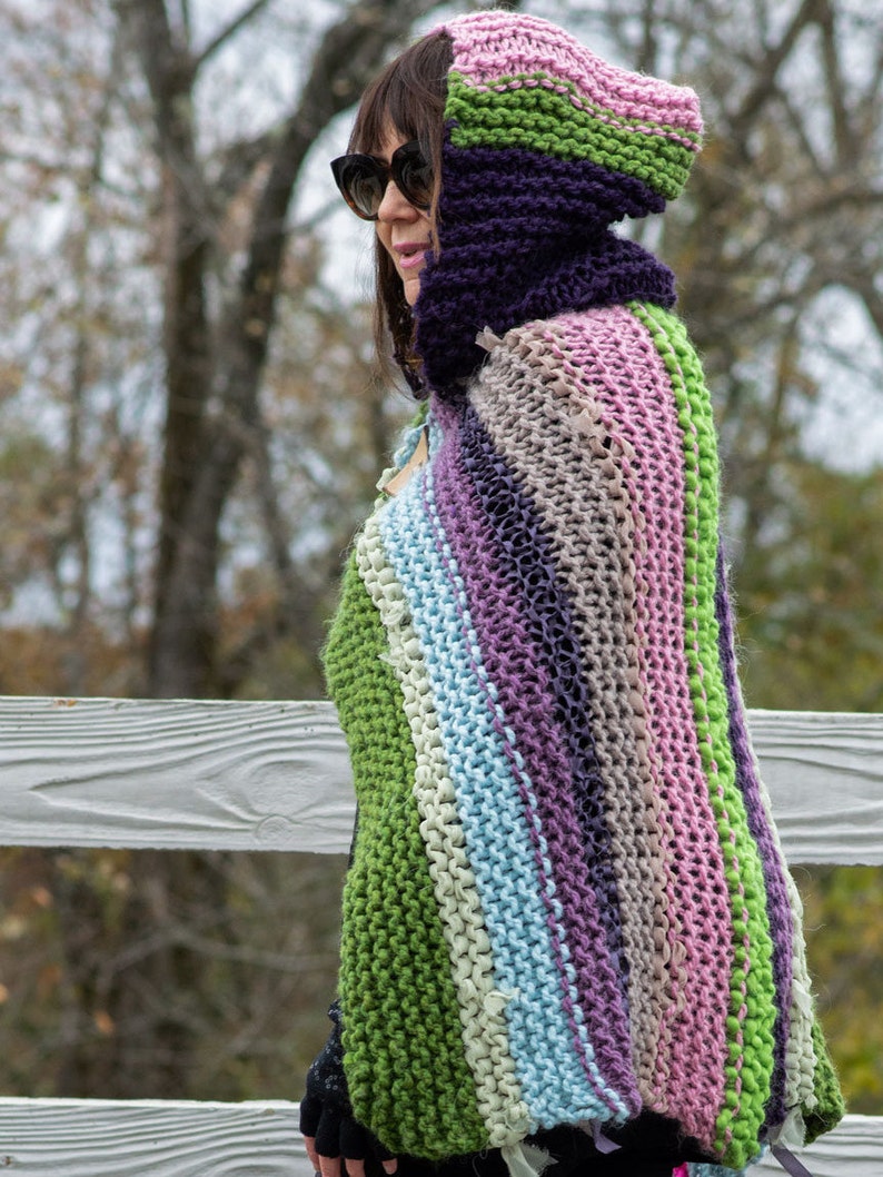 Hand Knit Wrap Shawl with Hood, Hand Knit Hood Poncho, Multi-Color Stripe Knit Shawl with Hood, Hand Knit Hood Wrap Mother's Day Gift image 10