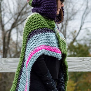 Hand Knit Wrap Shawl with Hood, Hand Knit Hood Poncho, Multi-Color Stripe Knit Shawl with Hood, Hand Knit Hood Wrap Mother's Day Gift Rose Avocado