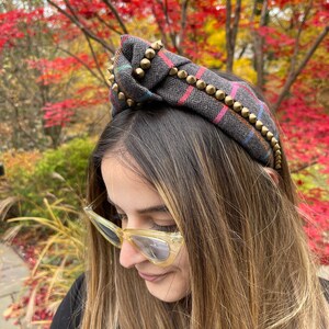 Fashion Headband, Knot Headband with Punk Trim, Plaid Headband, Wide Multi Color Fabric Headband, Turban Knot Headband, Plaid Knot Headband image 10