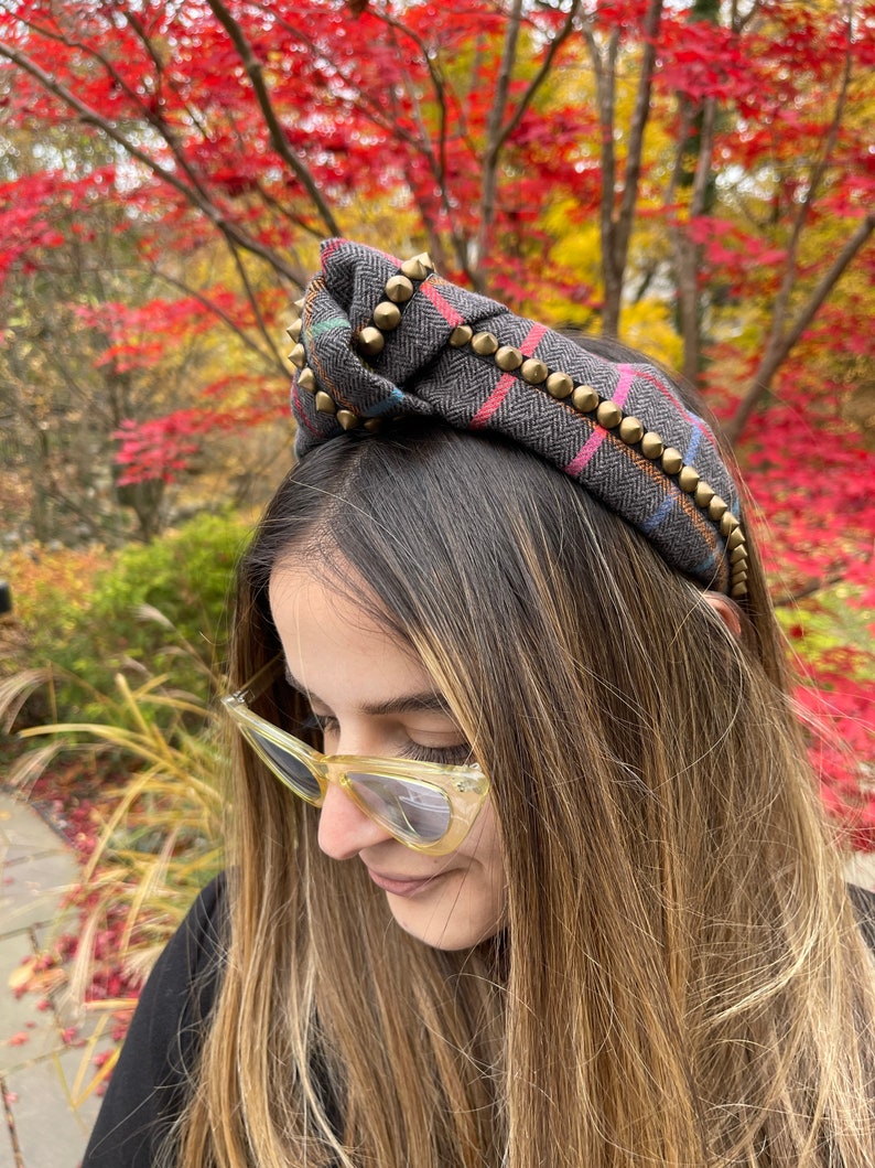 Fashion Headband, Knot Headband with Punk Trim, Plaid Headband, Wide Multi Color Fabric Headband, Turban Knot Headband, Plaid Knot Headband image 10