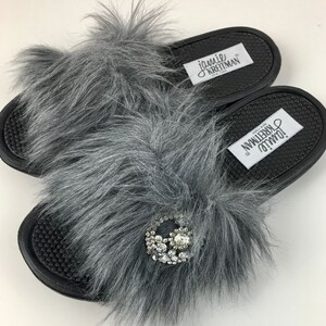 Slide Sandal with Brooch, Faux Fur Slide Sandal, Work-from-home Slide Sandal, Vegan Slide Sandal, Bridal Party Gift image 5