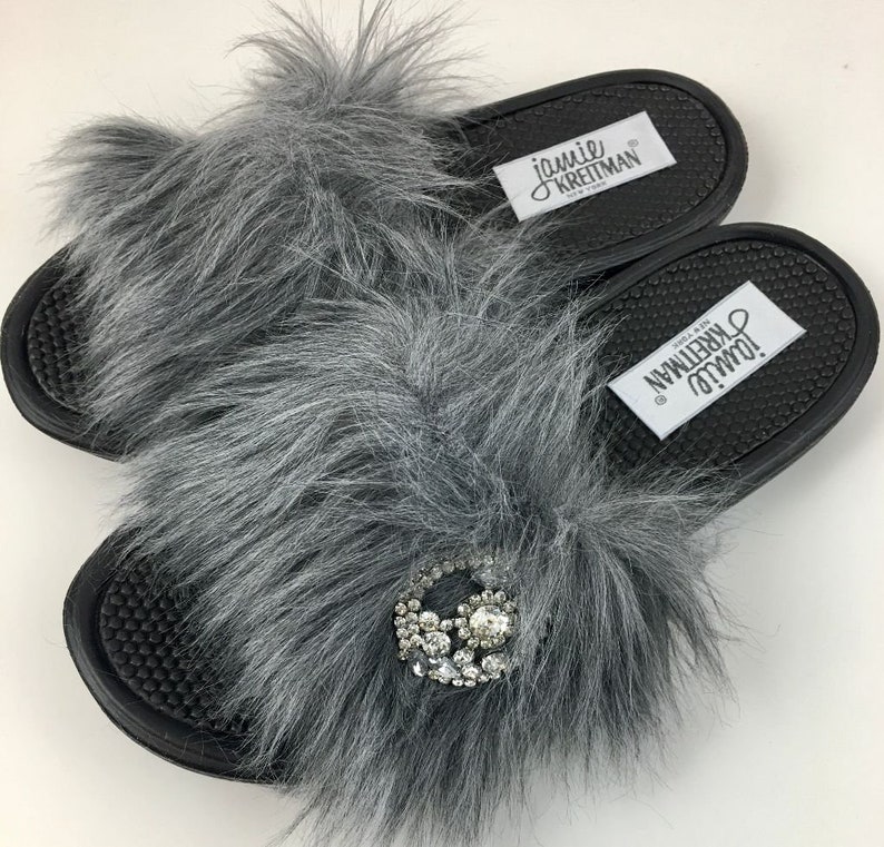 Slide Sandal with Brooch, Faux Fur Slide Sandal, Work-from-home Slide Sandal, Vegan Slide Sandal, Bridal Party Gift image 5