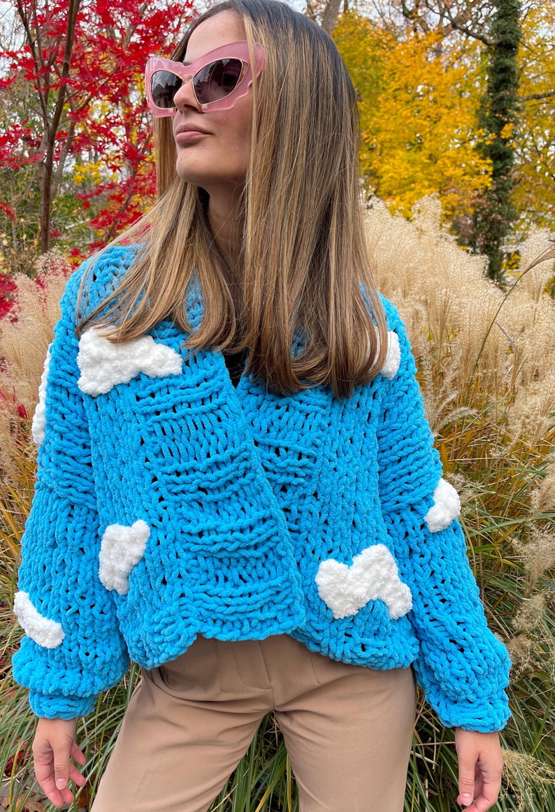 Cloud Cardigan Knit Pattern, Chunky Cloud Knit Cardigan Pattern, Blue Sky Fluffy Cloud Cardigan Knit Pattern, Digital Instant Download image 1