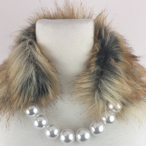 Faux Fur Pearl Collar Necklace, Vegan Fur Pearl Scarf, Fake Fur Pearl Accessory, Glamour Scarf, Valentines Day Gift image 1