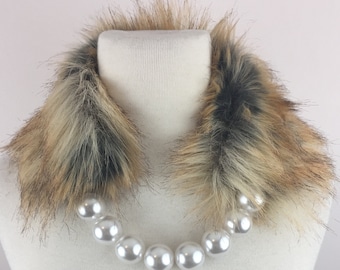 Faux Fur Pearl Collar Necklace, Vegan Fur Pearl Scarf, Fake Fur Pearl Accessory, Glamour Scarf, Valentine’s Day Gift