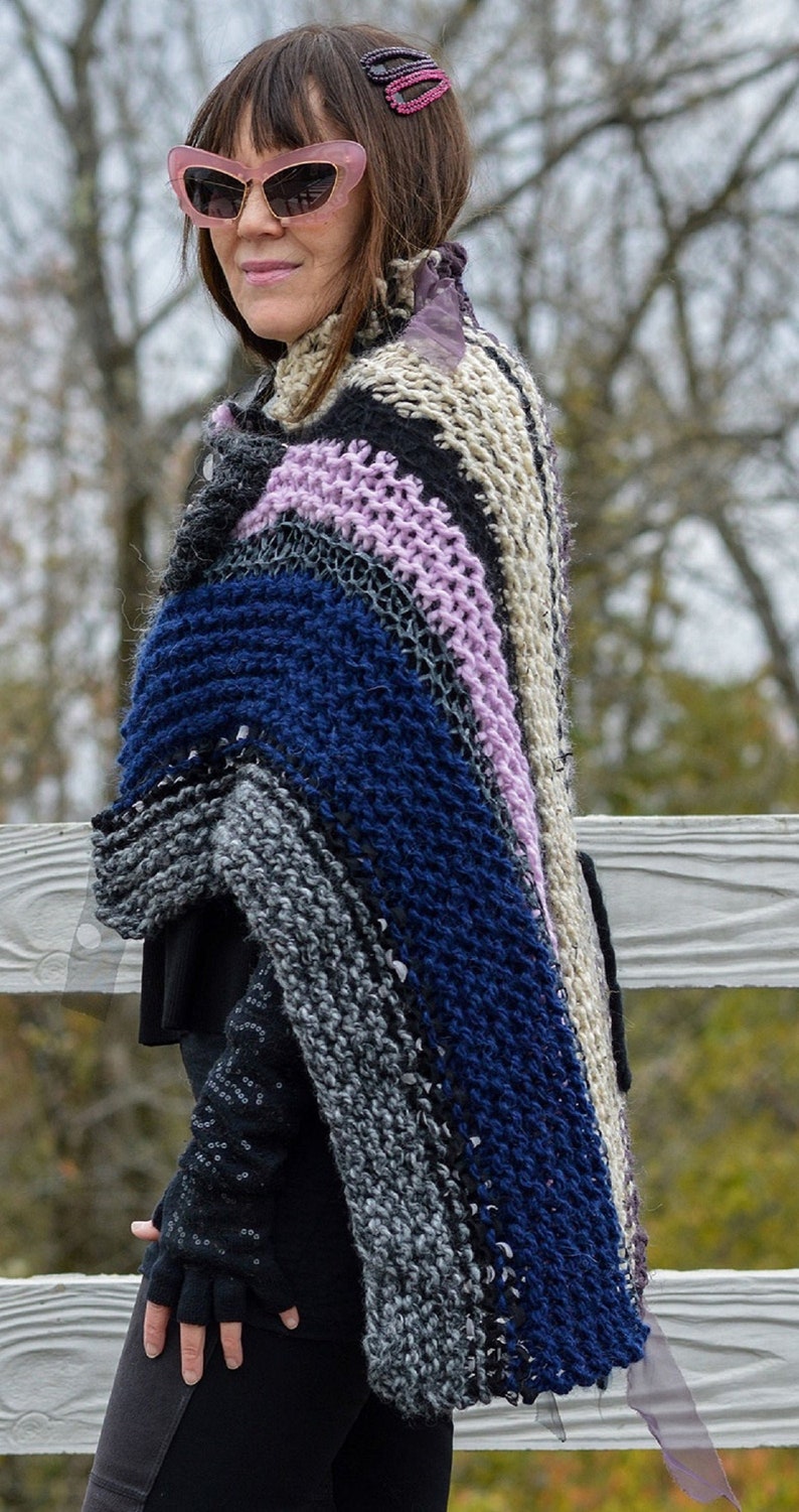 Hand Knit Wrap with Big Button, Hand Knitted Shawl Wrap, Handknit Poncho Wrap with Button, Craft Core wrap image 2