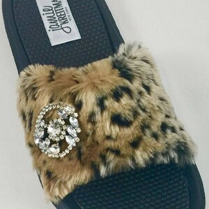 Slide Sandal Faux Fur with Jewel, Glamour Slide Sandal, Indoor Outdoor Sandal, Bridal Party Gift Cheetah