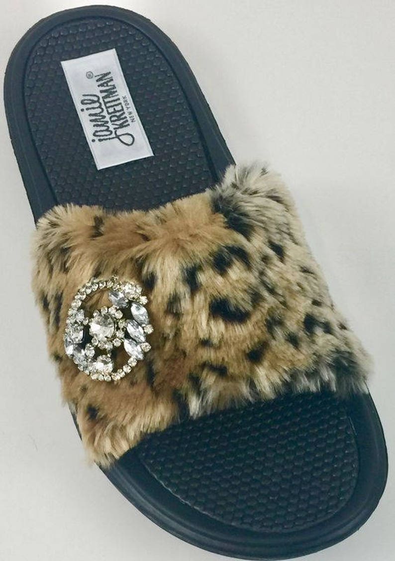 Slide Sandal Faux Fur with Jewel, Glamour Slide Sandal, Indoor Outdoor Sandal, Bridal Party Gift Cheetah