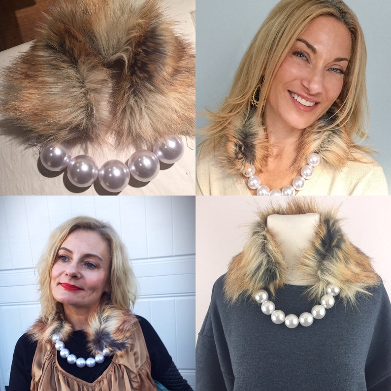 Pearl Grey Faux Fur Collar-Necklace, Silver Grey Fur Pearl Collar, Fake Fur Pearl Collar, Valentine's Day Gift image 5