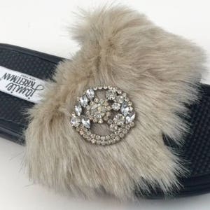 Slide Sandal Faux Fur with Jewel, Glamour Slide Sandal, Indoor Outdoor Sandal, Bridal Party Gift image 2