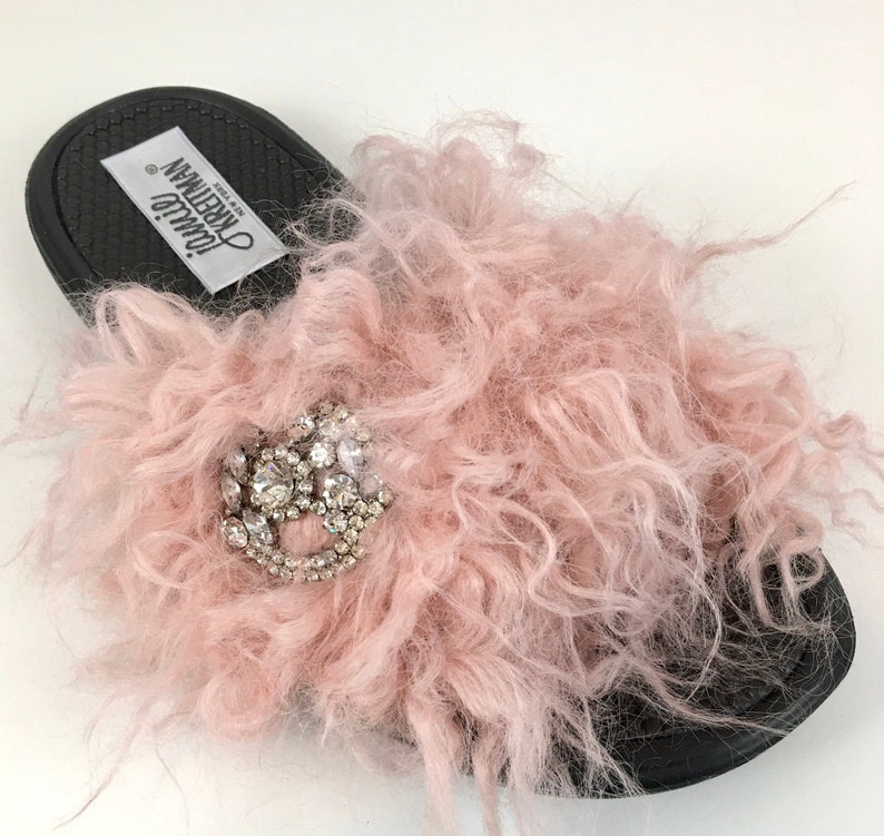 Slide Sandal, Faux Fur Slide Sandal, Valentines Day Gift, Fluffy Slipper, Indoor Outdoor Slide Sandal, Mongolian Lamb Brooch Slide Sandal image 1