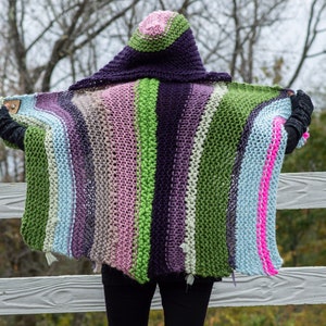 Hand Knit Wrap Shawl with Hood, Hand Knit Hood Poncho, Multi-Color Stripe Knit Shawl with Hood, Hand Knit Hood Wrap Mother's Day Gift image 9