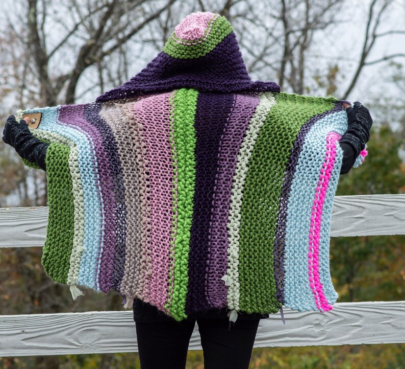 Hand Knit Wrap Shawl with Hood, Hand Knit Hood Poncho, Multi-Color Stripe Knit Shawl with Hood, Hand Knit Hood Wrap Mother's Day Gift image 9