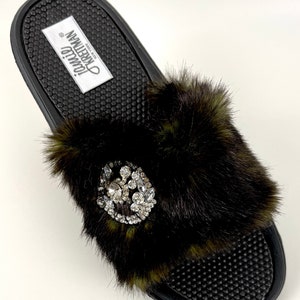 Slide Sandal Faux Fur with Jewel, Glamour Slide Sandal, Indoor Outdoor Sandal, Bridal Party Gift image 1