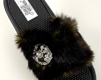 Slide Sandal Faux Fur with Jewel, Glamour Slide Sandal, Indoor Outdoor Sandal, Bridal Party Gift