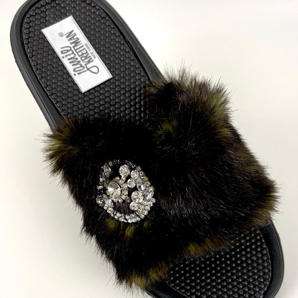 Slide Sandal Faux Fur with Jewel, Glamour Slide Sandal, Indoor Outdoor Sandal, Bridal Party Gift