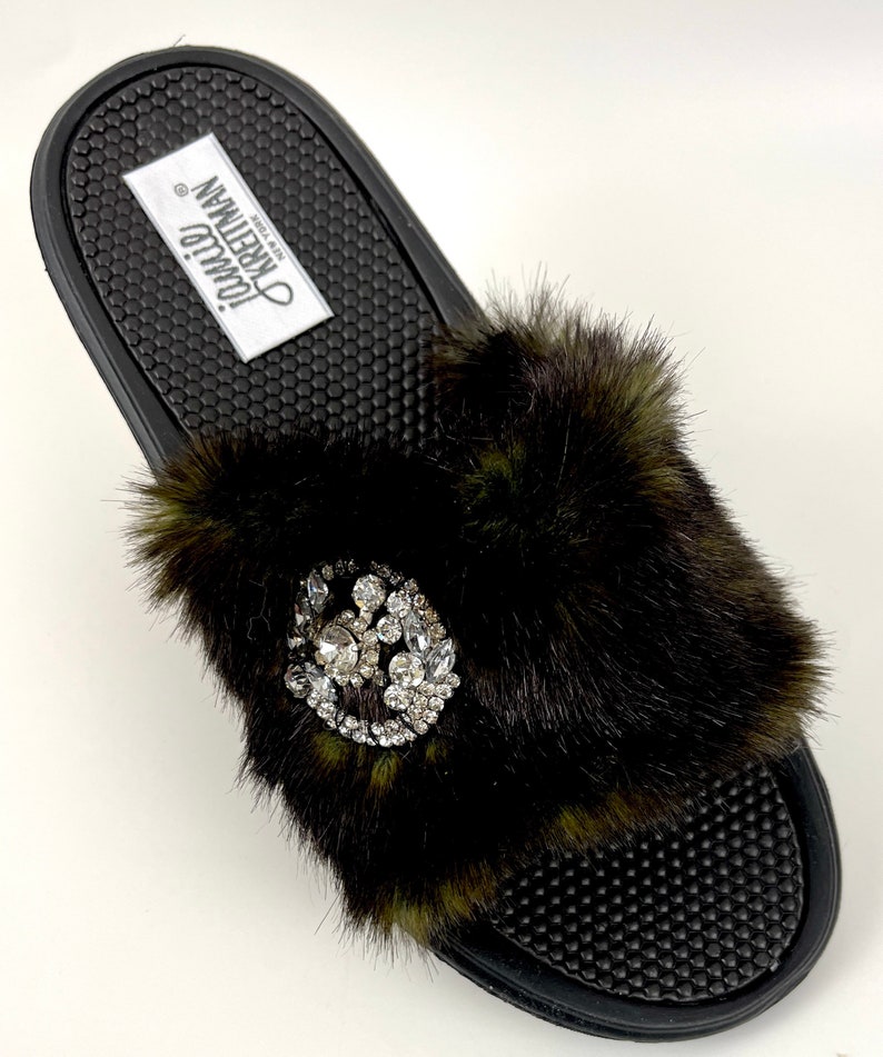 Slide Sandal Faux Fur with Jewel, Glamour Slide Sandal, Indoor Outdoor Sandal, Bridal Party Gift Black