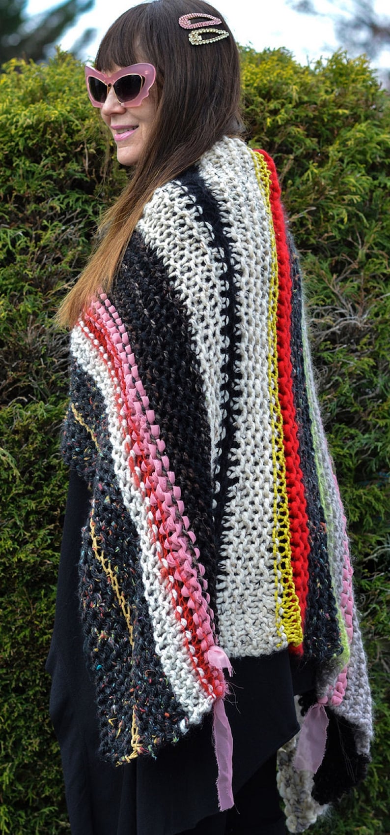 Craft Core Handknit Wrap with Big Button, Handknit Shawl Wrap, Multicolor Knit Wrap, Handknit Poncho Wrap, Gift for Mom Candy