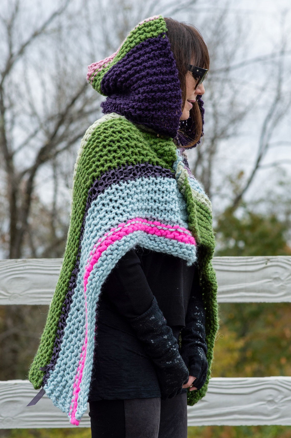 Hand Knit Pattern Wrap With Hood, Easy Knit Cozy Pattern Large Shawl