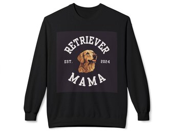 Może przedstawiać: Czarna bluza z grafiką przedstawiającą głowę golden retrievera, białe słowa "RETRIEVER MAMA" i "EST. 2024". Projekt znajduje się na ciemnofioletowym kwadracie.