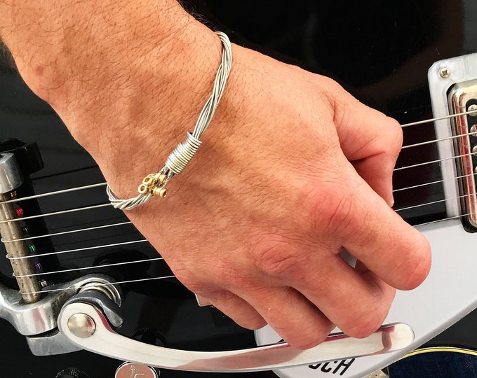 Recycled Guitar String Bracelet: Silver Tone, Brass Accents, Musician Gift