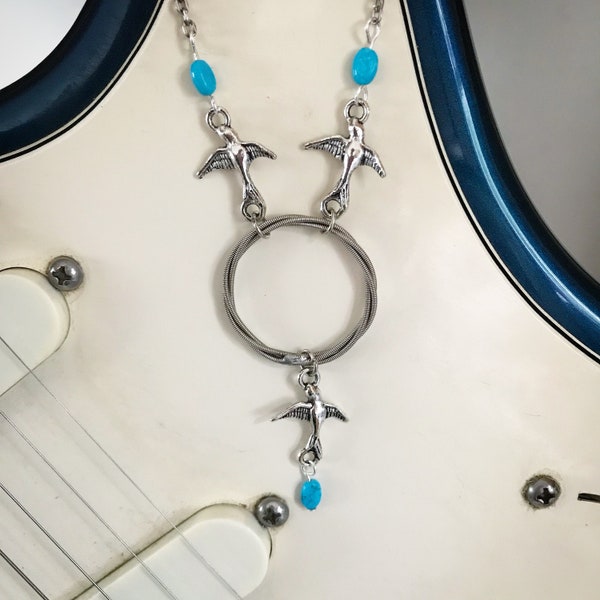 Three Little Birds Electric Guitar String Necklace with Turquoise made from a recycled guitar string