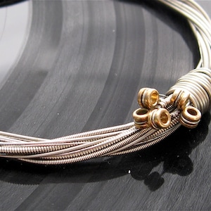 Recycled Electric Guitar String Bracelet silver colored with brass ball ends attached Unisex image 2