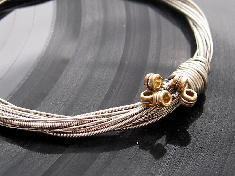 Recycled Electric Guitar String Bracelet silver colored with brass ball ends attached Unisex image 2