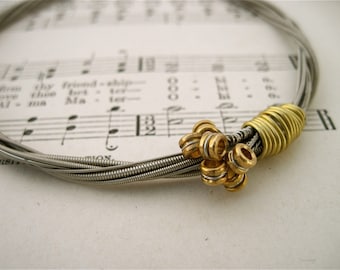 Recycled Electric Guitar String Bracelet silver colored with brass ball ends attached Unisex Musician Gift for Men and Women