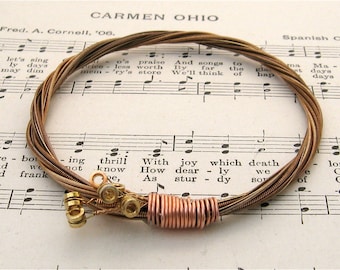 Recycled Acoustic Guitar String Bracelet copper colored with brass ball ends attached Mens or Womens Handmade Gift