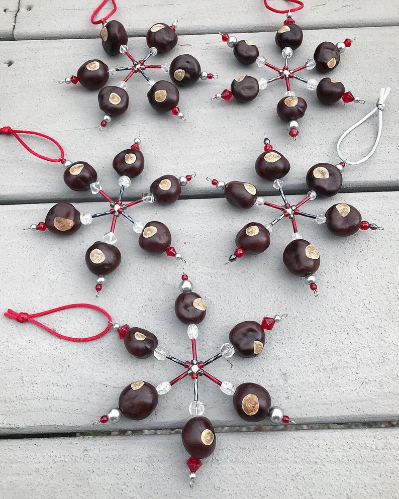 Buckeye Snowflake Ornament made with REAL Buckeye Nuts grown in Ohio zdjęcie 2