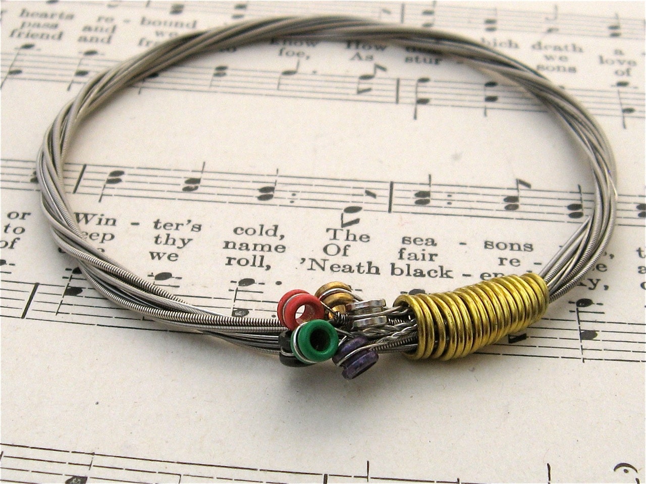 Electric Guitar String Bracelet Silver Colored With Colored Ball Ends  Attached Unisex Musician Recycled Designated DJ Best Dressed Gift 