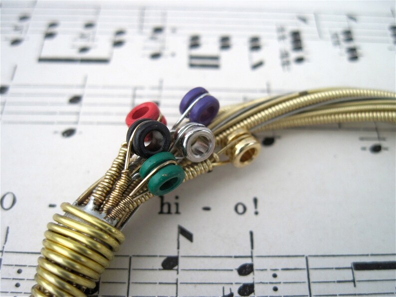 Recycled Acoustic Guitar String Bracelet gold colored with colored ball ends attached Mens or Womens Unique Musician Teacher Gift